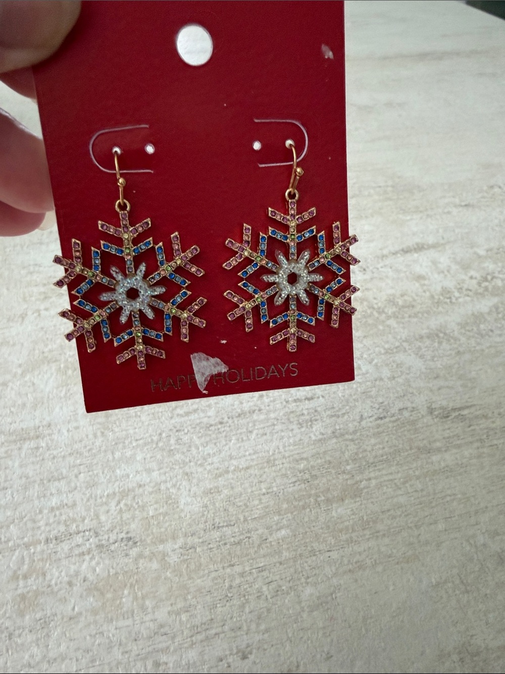 Holiday Snowflake Drop Earrings - Gold Tone with Blue and Clear Stones